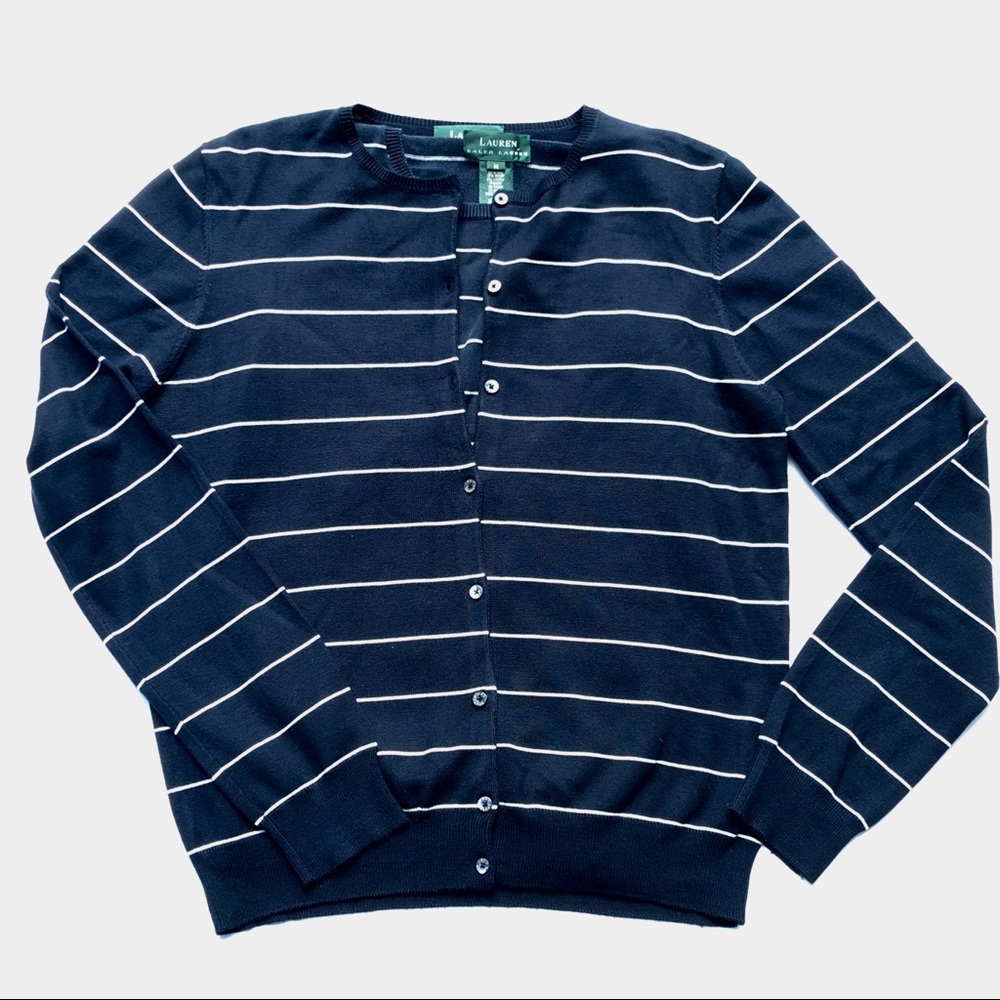 LAUREN RALPH LAUREN Navy White Striped Cardigan M